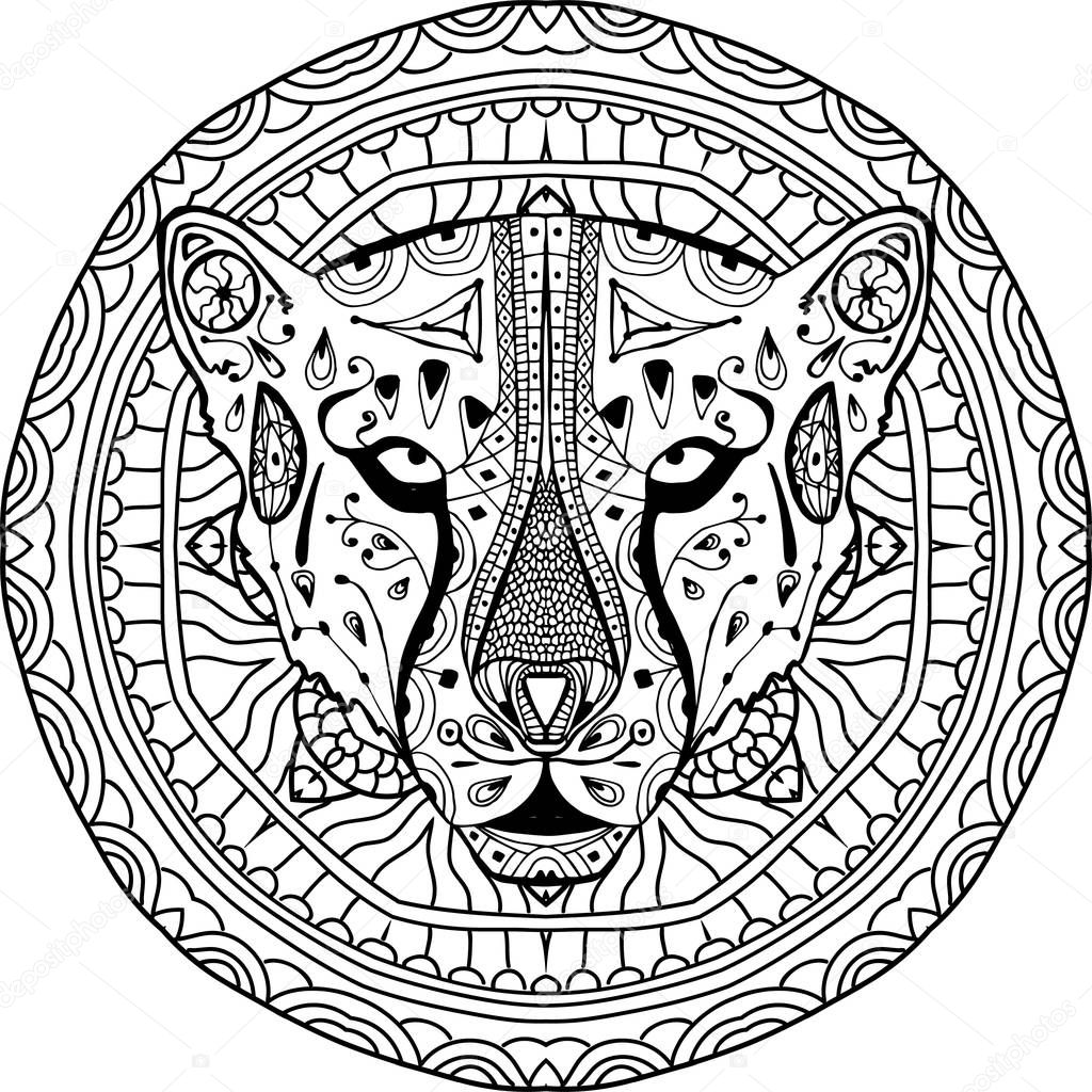 Element for your design. National ethnic circular pattern with the head of a Cheetah. Coloring page