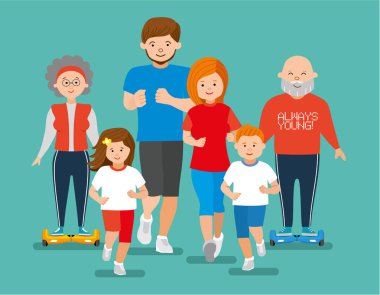 Mutlu spor aile. Anne, baba, kızı, oğlu, büyükanne, büyükbaba. Düz