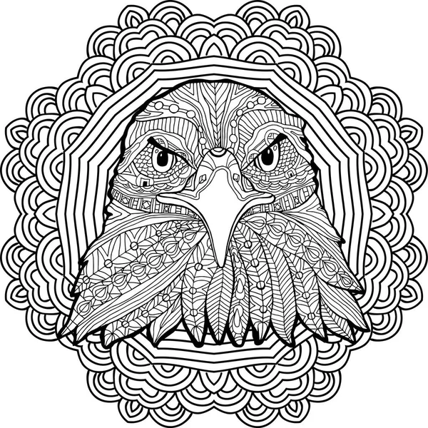 Színező oldal felnőttek számára. Stern sas, a háttérben egy kör alakú mandala mintával. — Stock Vector