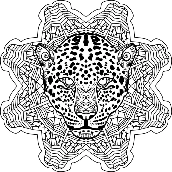 Painted the leopard on the background tribal mandala patterns. Zendoodle — Stock Vector