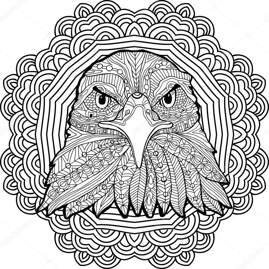 Coloring page for adults. Stern eagle on a background of a circular mandala pattern.