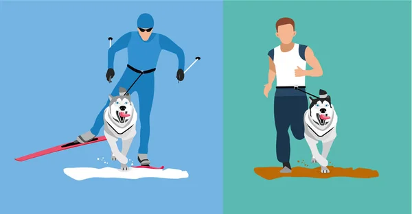 Inverno esqui cross country com um cão e um verão correndo competição com o cão-husky. Desenhos animados planos ilustração . — Vetor de Stock