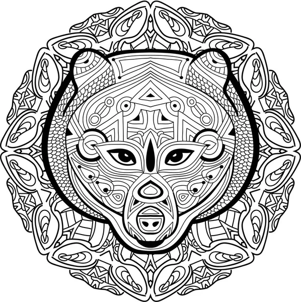 Element for your design. National ethnic circular pattern with the head of a bear. Coloring page — Stock Vector