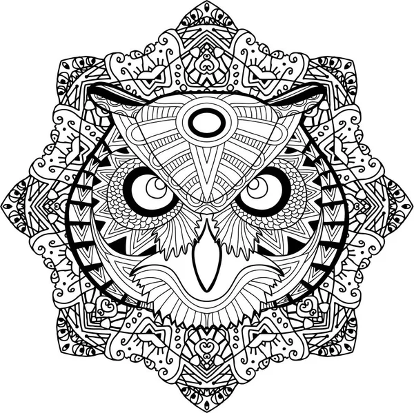 Coloriage pour adultes. Hibou des marais sur un fond de mandala circulaire . — Image vectorielle