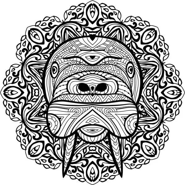 Element voor uw ontwerp. Nationale etnische circulaire patroon met het hoofd van een walrus. — Stockvector