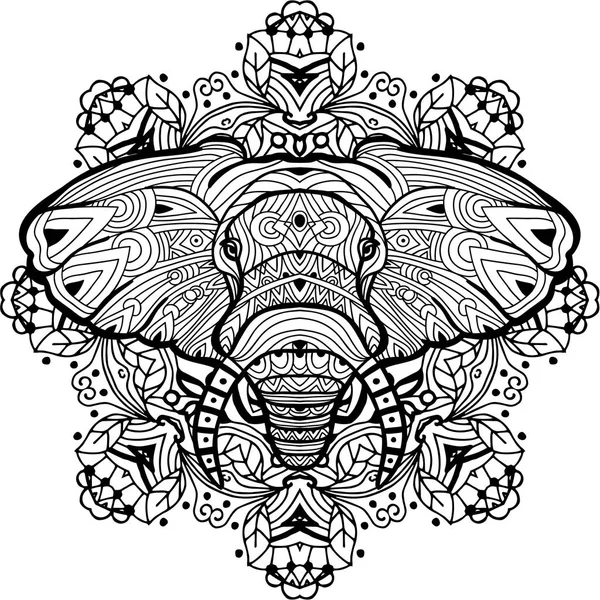 Нарисованный слон на фоне круглого рисунка. Страница раскраски — стоковый вектор