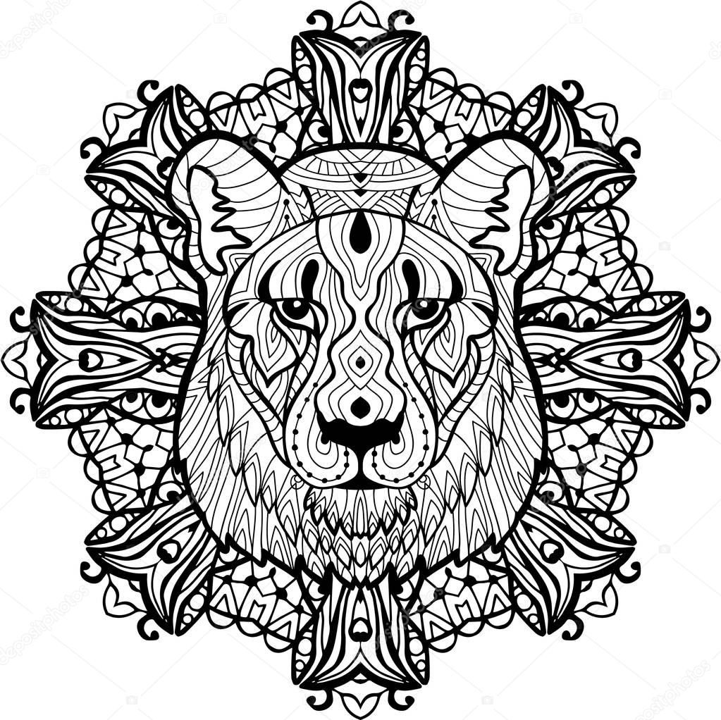 Dipinto la leonessa predatoria sui precedenti modelli tribali mandala Elemento per il vostro disegno Carte borse disegni da colorare per tattoo adulti