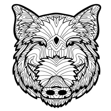 Antistress sayfa boyama. Yaban domuzu el ile mürekkeple çizilir. Zendoodle.