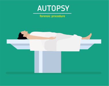 Düz illüstrasyon. Adli tıp prosedürü. Otopsi. Bir cinayet kurbanı kadındır