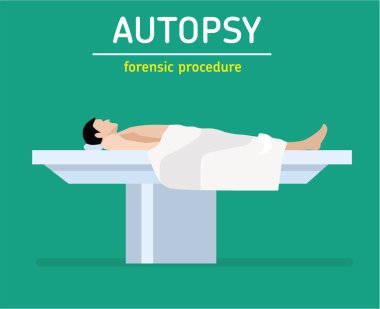Düz illüstrasyon. Adli tıp prosedürü. Otopsi. Bir cinayet kurbanı bir numara