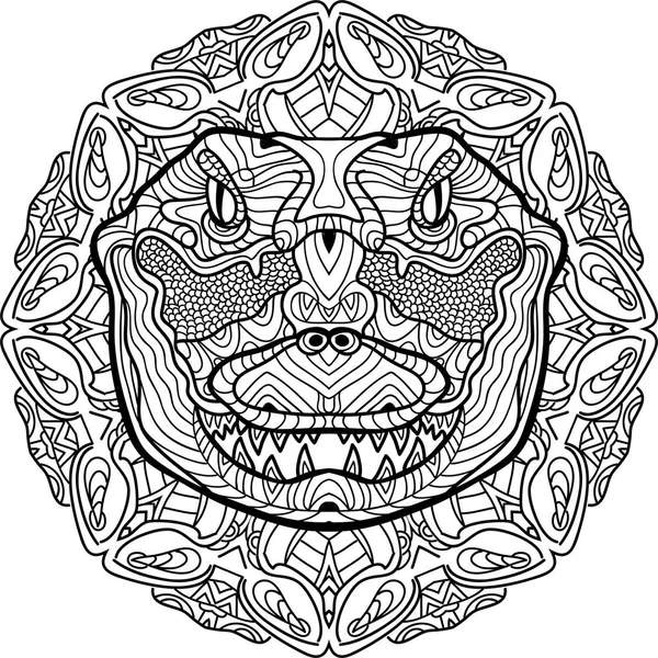 Coloriage totémique pour adultes. La tête d'un crocodile. Art linéaire — Image vectorielle
