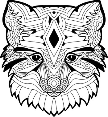 Fox baş desen. Tek renkli mürekkep çizim