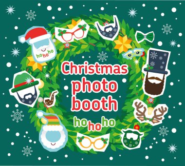Noel Noel Baba ve geyik photo booth vektör sahne ve dekorasyon.