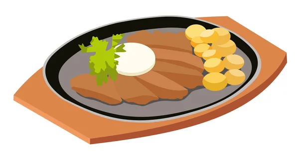 Filete a la parrilla con huevo, verduras y patatas — Vector de stock
