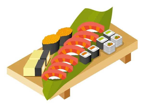 L'ensemble de petits pains, sushis, saumon au riz, caviar de saumon sur un wo — Image vectorielle