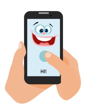 Telefon mutlu gülümsüyor. Düz çizgi film tarzı illüstrasyon.