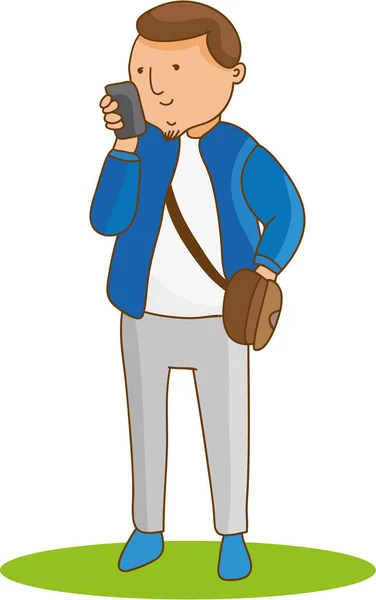 Молодой парень в штанах и спортивной куртке, смотрящий на телефон . — стоковый вектор
