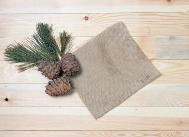 Ahşap doku vintage kumaşlar üzerine koniler ile sedir şube