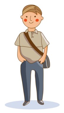 Genç bir adam bir Polo gömlek, kot pantolon, eller cepler ve s tutar