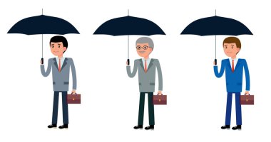 Farklı yaş, genç, orta yaşlı ve yaşlı şemsiye yağmur karşı holding iş adamları