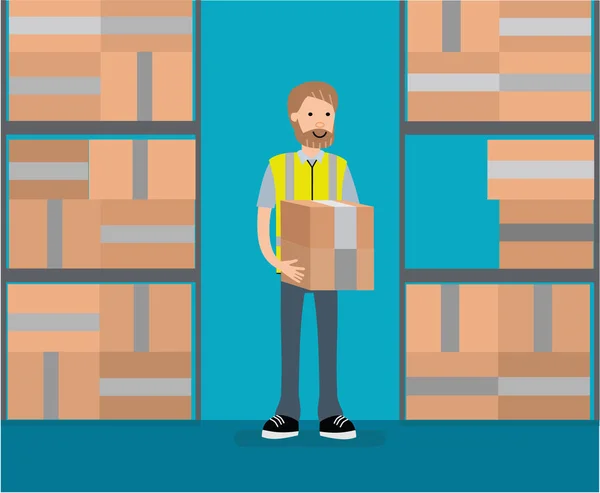 A warehouse worker in warehouse holding boxes. — Stock Vector