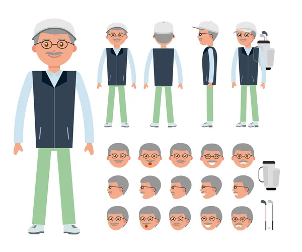 Un golfista anciano. Hombre personaje creación conjunto . — Vector de stock