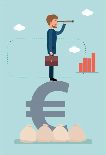 Euro simgesi üzerinde duran ve bir teleskopla bakarak işadamı.