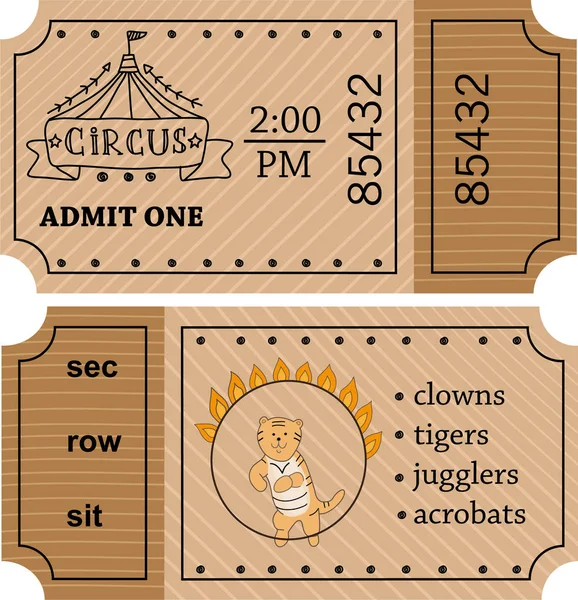 Circus ingång vektor biljetter mallar. Doodle stil. — Stock vektor
