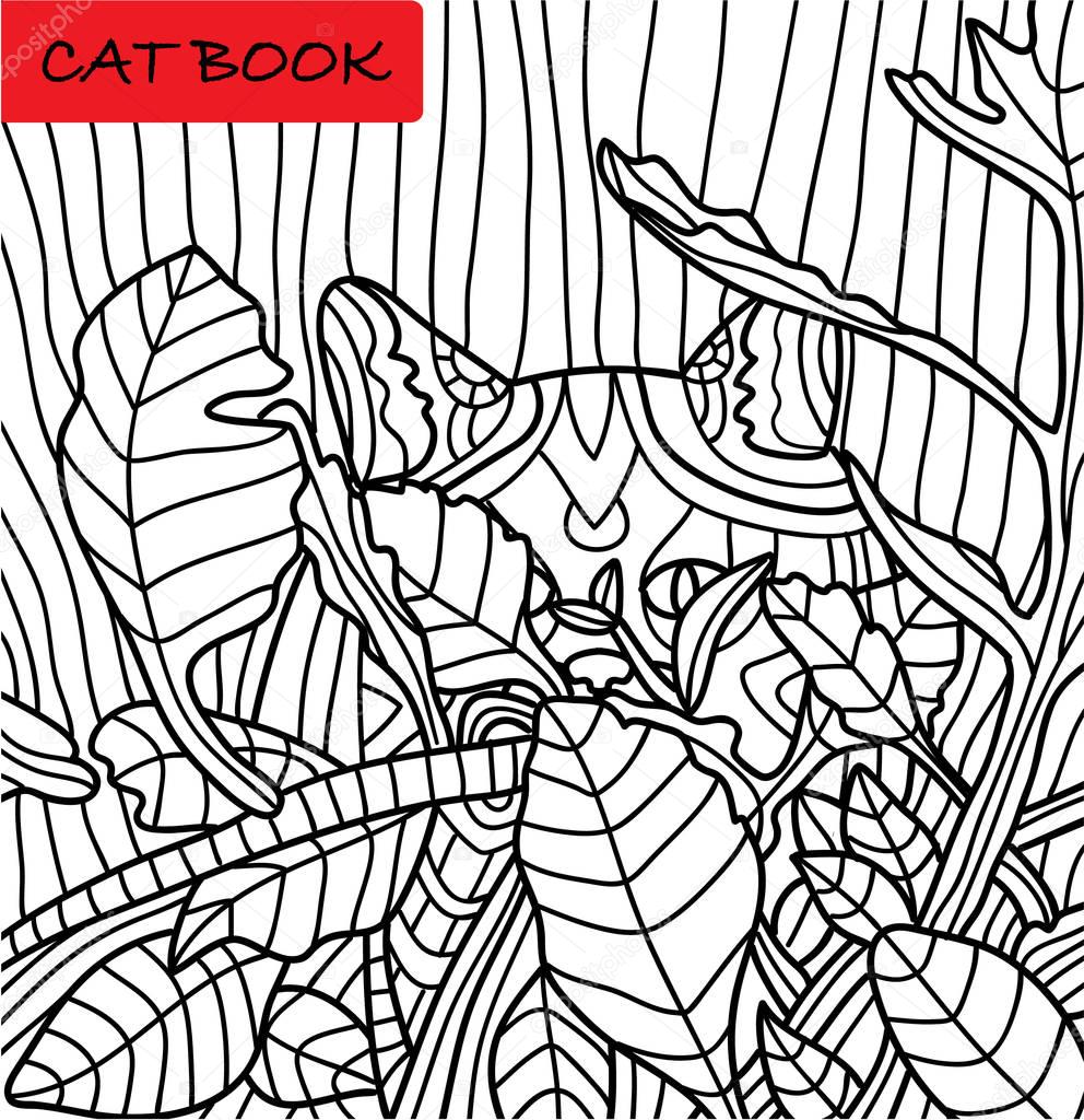 Coloring book for adults. Cute Cat in the Bush. A book about cats.