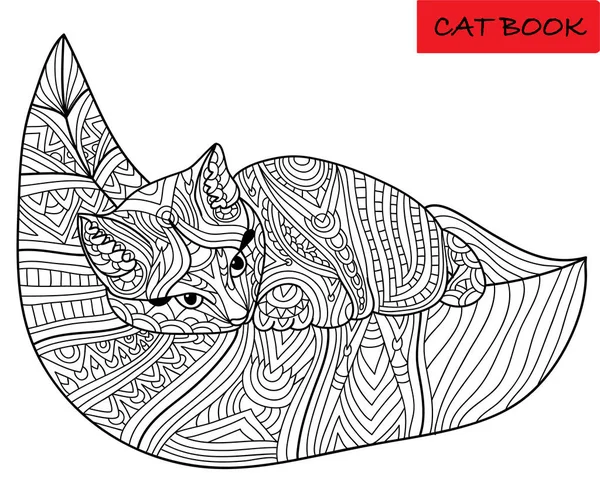 Gatinho bonito em uma folha. Desenho de tinta monocromática com padrões tribais . —  Vetores de Stock