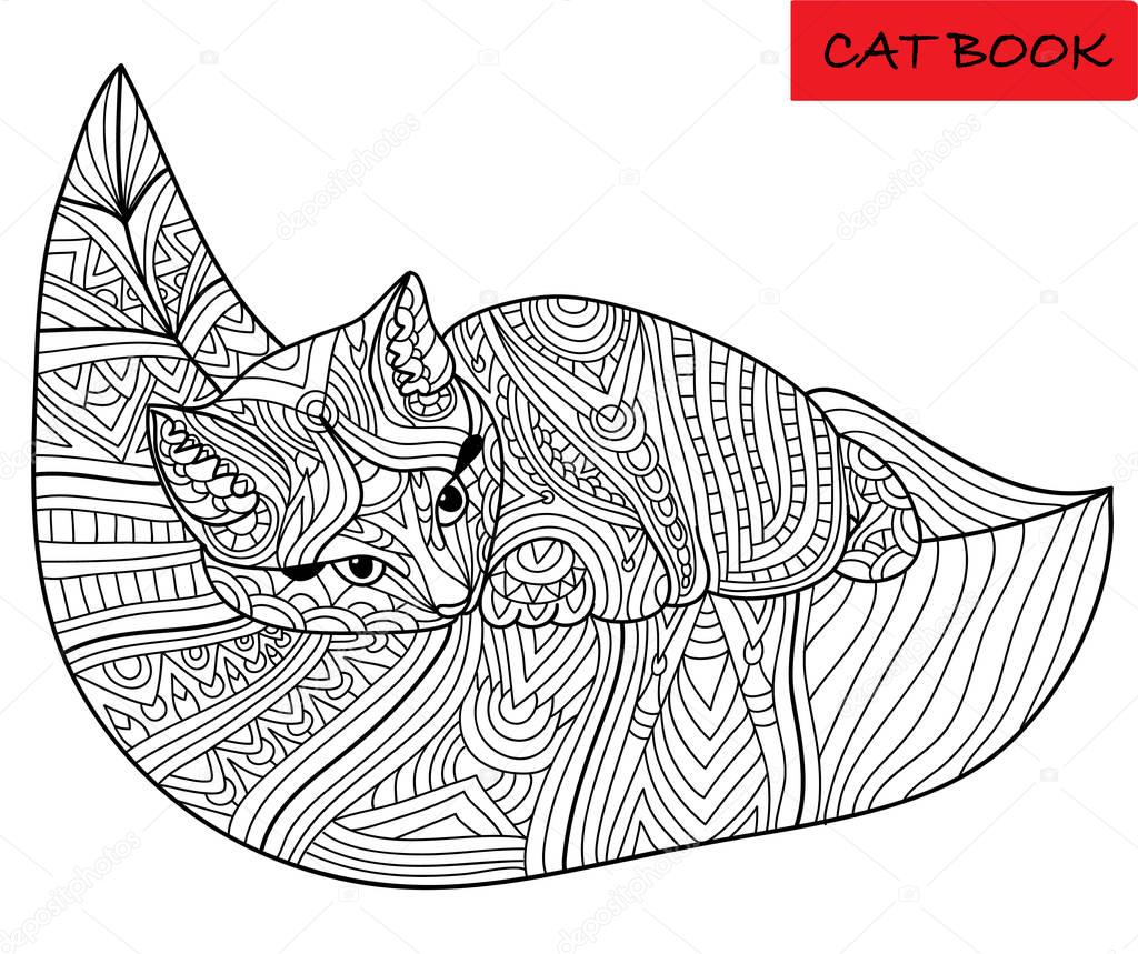 Cute kitten on a leaf. Monochrome ink drawing with tribal patterns.