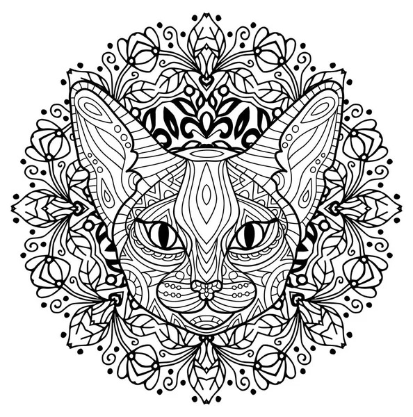 Malbuch für Erwachsene. der Kopf einer geheimnisvollen Katze mit kreisförmigem Muster. Katzenfrühling. — Stockvektor