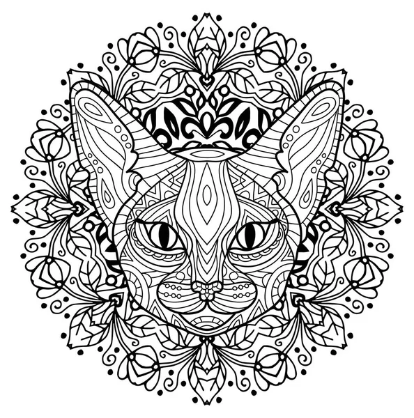 Boyama kitabı yetişkinler için. Dairesel bir desen ile gizemli bir kedi başkanı. Kedi bahar.