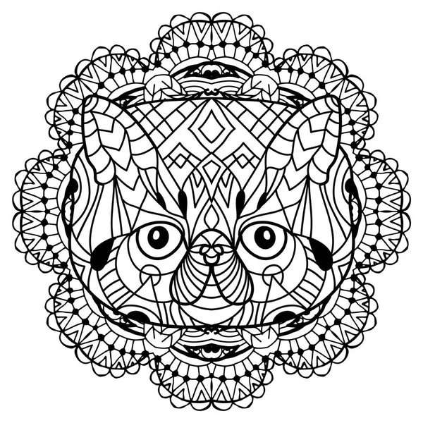 La tête d'un chat sur le motif tribal circulaire de fond. Conception d'art linéaire — Image vectorielle