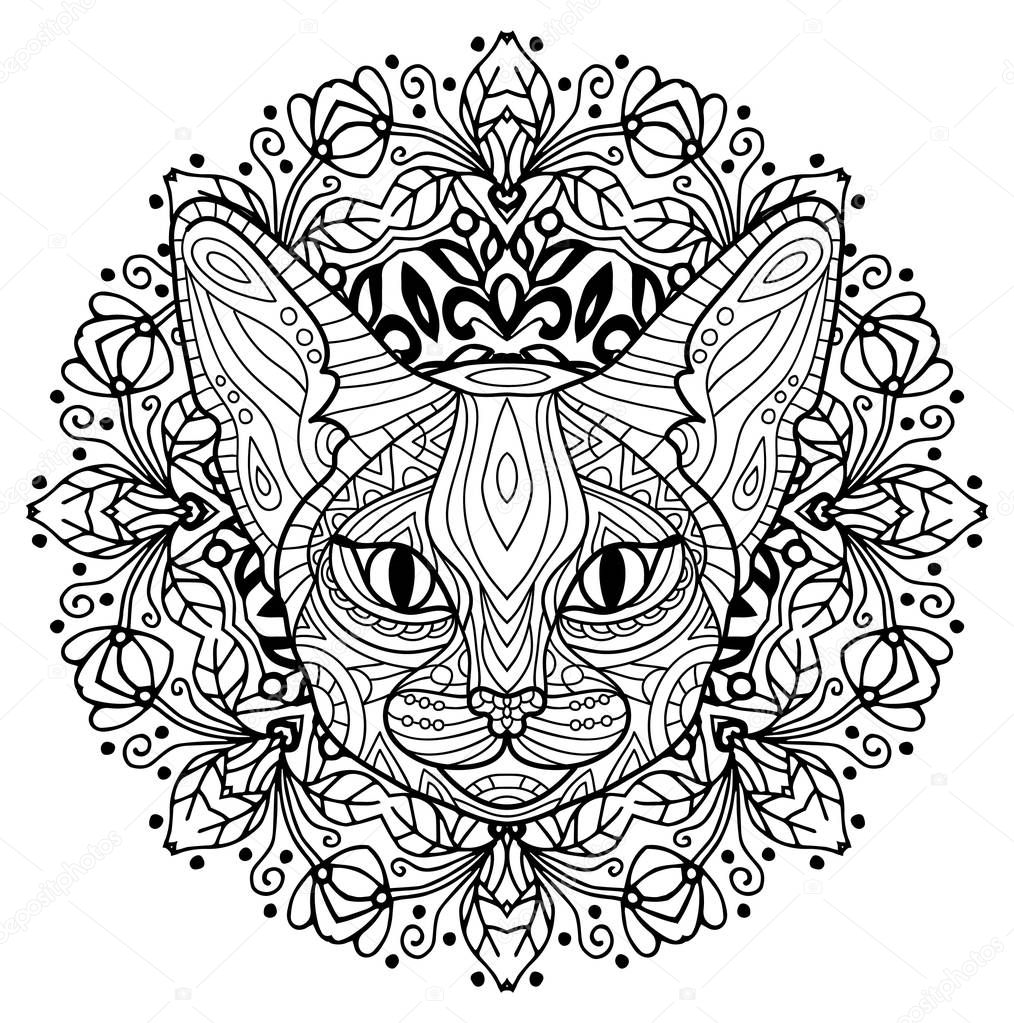 Coloring book for adults. The head of a mysterious cat with a circular pattern. Cat spring.