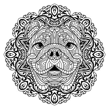 Boyama kitabı yetişkinler için. Bir köpek dairesel bir desen ile başkanı. Zenart.