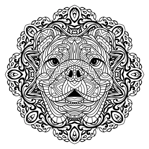 Раскраска для взрослых. Голова собаки с круглой узором. Зенарт . — стоковый вектор