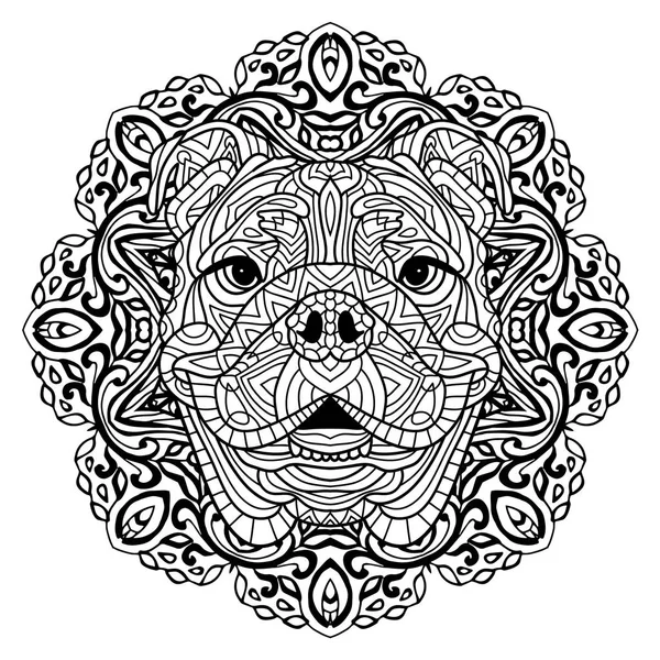 Boyama kitabı yetişkinler için. Bir köpek dairesel bir desen ile başkanı. Zenart.