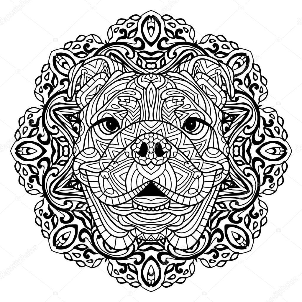 Coloring book for adults. The head of a dog with a circular pattern. Zenart.