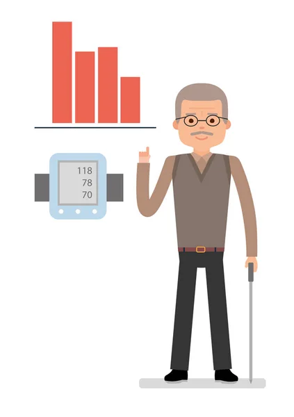 Un hombre de edad avanzada señala para el gráfico de aumento de la presión arterial, el hombre de manómetro cercano — Archivo Imágenes Vectoriales