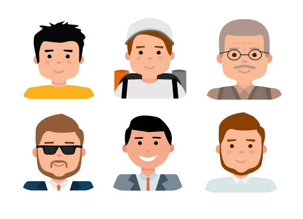 Colección avatar plana, conjunto de 6 iconos de hombre en estilo plano con caras, grupo de avatares de personas . — Vector de stock