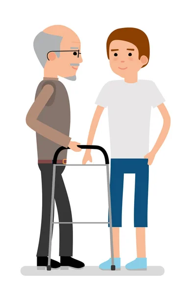 Sosyal yardım. Genç bir adam yaşlı bir adam yardımcı olur.. — Stok Vektör