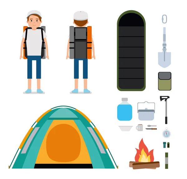 Ο νεαρός ταξιδιώτης. Σετ Camping εικόνες και στοιχεία. — Διανυσματικό Αρχείο