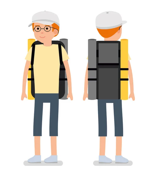 Jeune voyageur avec les lunettes, une casquette de baseball et un sac à dos . — Image vectorielle