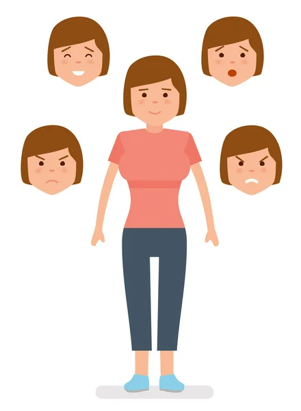 Femme avec différentes expressions faciales. Joie, tristesse, colère, surprise, irritation — Image vectorielle