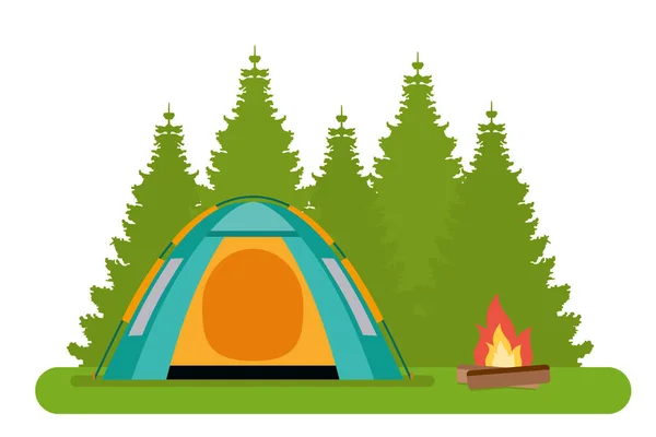 Το στρατόπεδο των δασών. Τη σκηνή με μια φωτιά στο δάσος. — Διανυσματικό Αρχείο