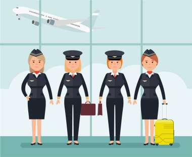 Women pilots and flight attendants. Vector illustration in flat style clipart