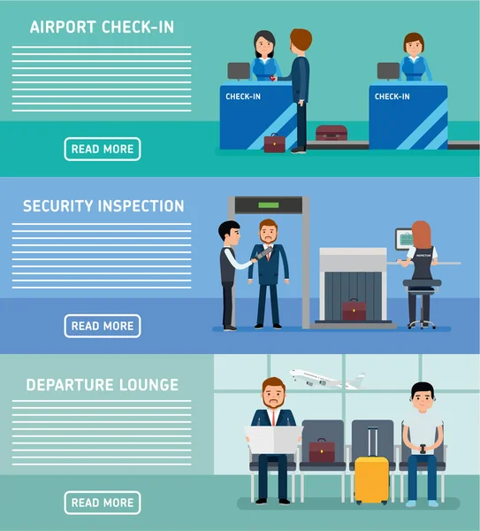 Bannières aéroportuaires. Terminal de l'aéroport Sécurité Enregistrement, enregistrement, salle d'attente . — Image vectorielle