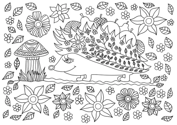 Černobílý inkoust kreslení. Roztomilý Ježek s ovocem a houby — Stockový vektor