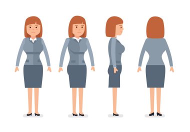 Dizi genç mutlu kadın memur, başarılı çalışan, profesyonel Yöneticisi, tam uzunlukta, ön, arka yan görünüm, beyaz arka plan.